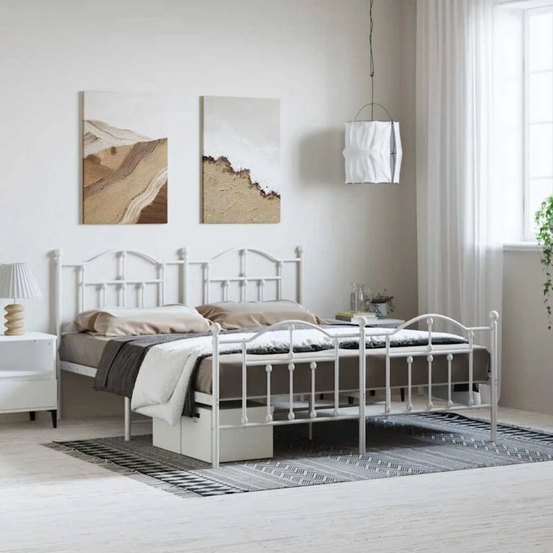Image of Vidaxl Metal Bed Frame Without Mattress With Footboard White 183X213 Cm, White 353511