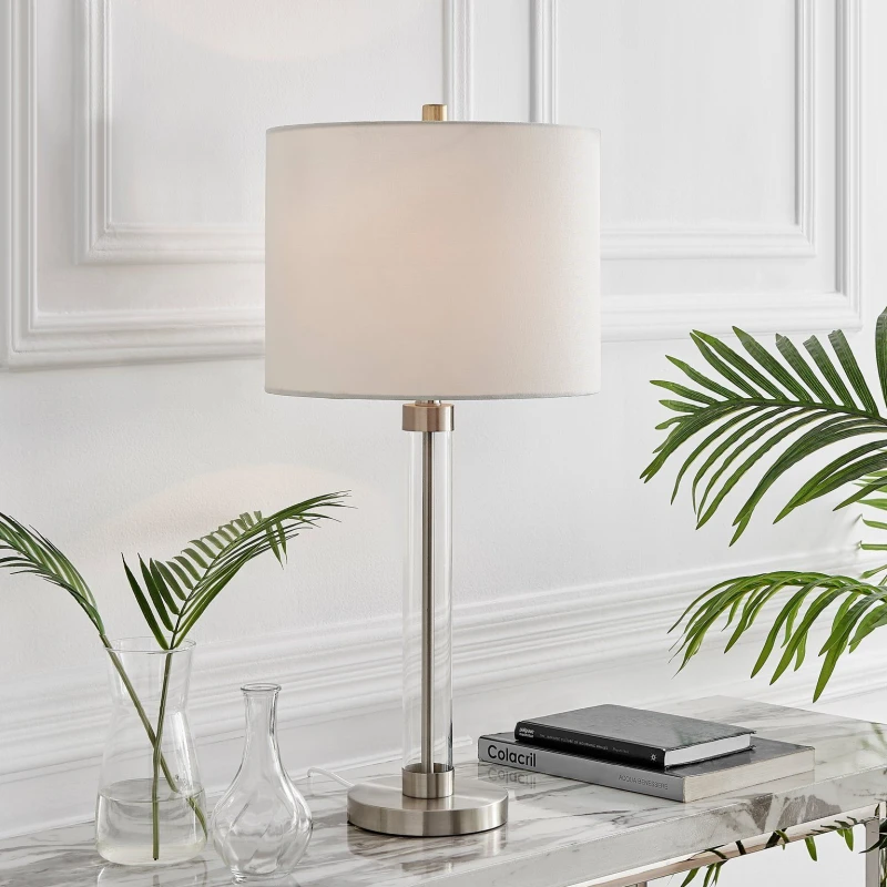 Image of FurnitureboxUK FurnitureboxUK Esme Clear Glass & Silver Metal Table Lamp Light With Fabric Shade (Including Bulb) in White White One Size Unisex 50565