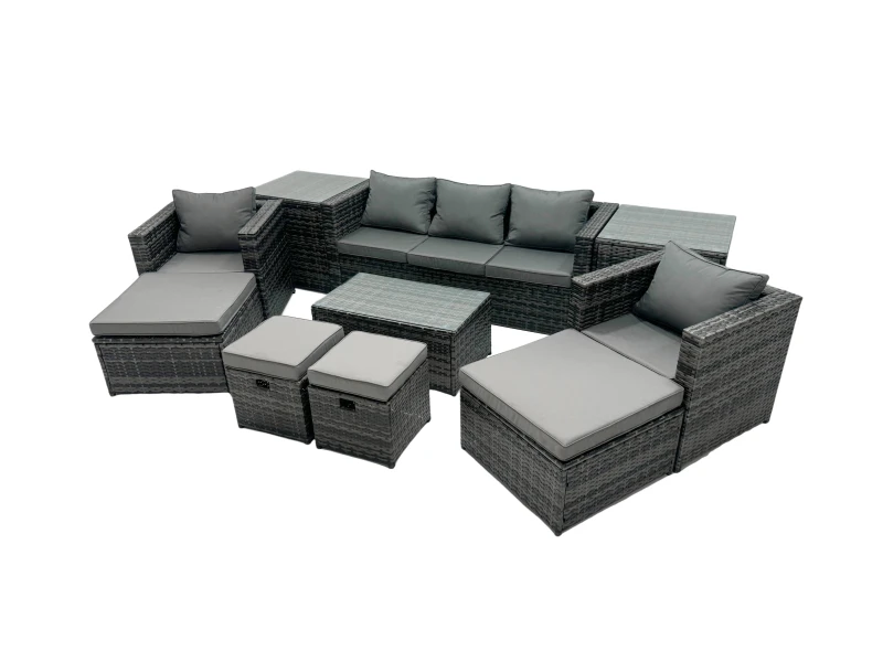 Image of Fimous Outdoor Coffee Table Sofa Set with 2 Side Tables Big Stools in Dark Grey Dark Grey Unisex