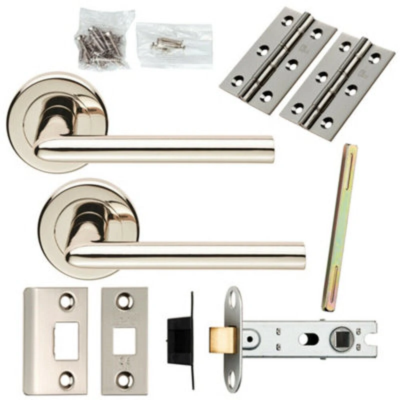 Image of Loops Door Handle & Latch Pack Polished Nickel Straight Slim Lever Screwless Rose Metallics