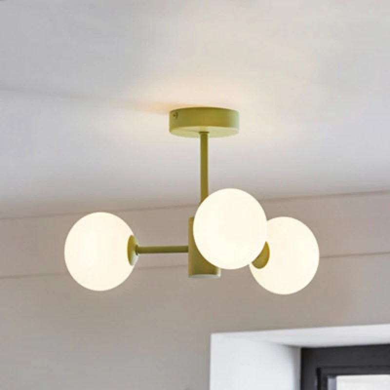 Image of ValueLights Marlow Opaque Glass Globe 3 Arm Ceiling Light with LED Bulbs Green