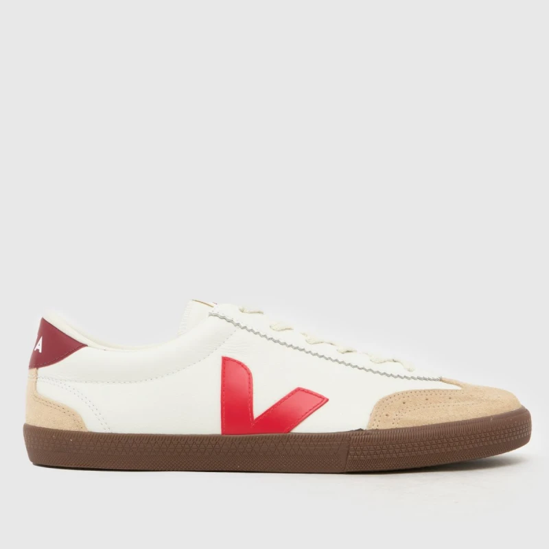 Image of Veja Volley Organic Traced Leather Mens Fashion Trainers - White Nautico Bark - Size:UK 12