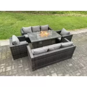 Image of Fimous 8 Seater Outdoor Dark Grey Mixed Rattan Lounge Complete Sofa Set with Patio Gas Fire Pit Dining Table Gas Heater Burner 2 Armchairs