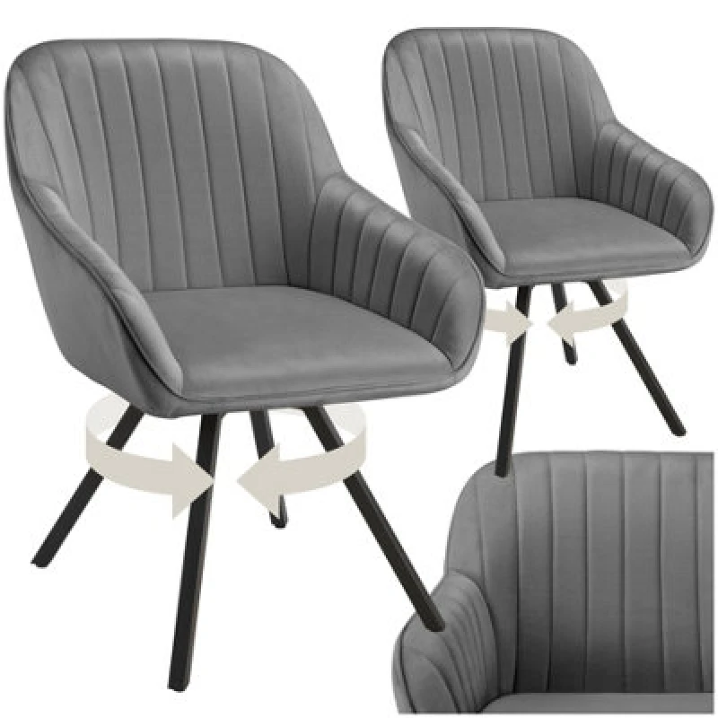 Image of Tectake Set Of 2 Lounge Armchair Living Room Accent Chair 360 Swivel Slim Steel Legs Velvet Fabric - Grey