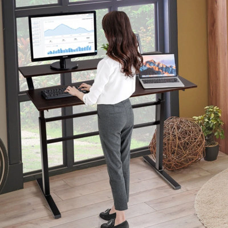 Image of Costway 2-Tier Standing Computer Desk Sit To Stand Workstation Ergonomic Computer Table Brown