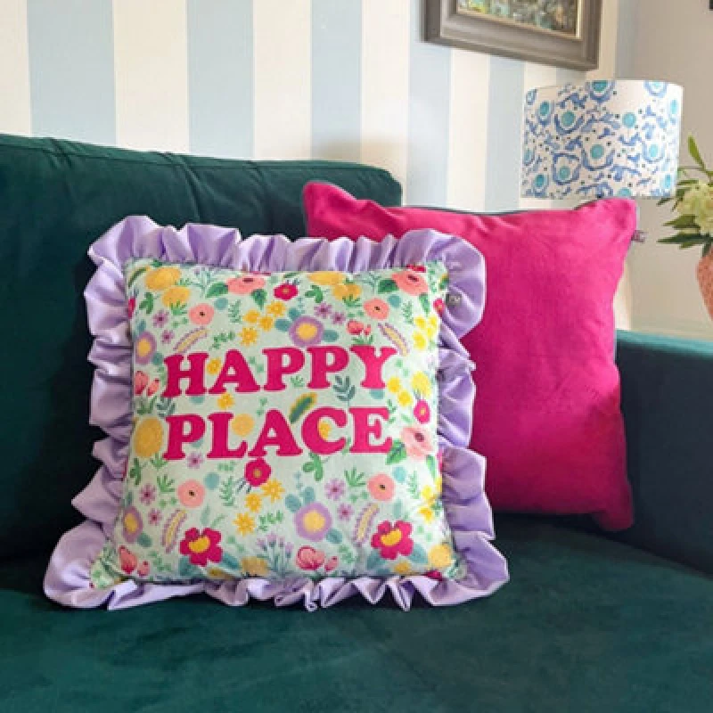 Image of rucomfy Beanbags Rucomfy Velvet 45X45Cm Frilled Cushion - Purple Happy Place Design Throw Pillow