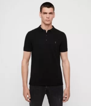 Image of AllSaints Mens Cotton Slim Fit Reform Short Sleeve Three-Button Polo Shirt, Black, Size: S
