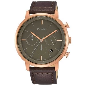 Image of Pulsar PT3940X1 Mens Brown Leather Strap Chronograph Rose Gold Case 100M Watch