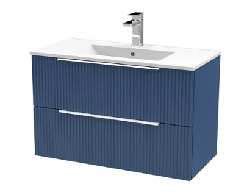 Image of HUDSON REED Hudson Reed - Fluted Satin Blue 800mm Wall Hung 2 Drawer Vanity Unit and Minimalist Ceramic Basin - DFF395B DFF395B