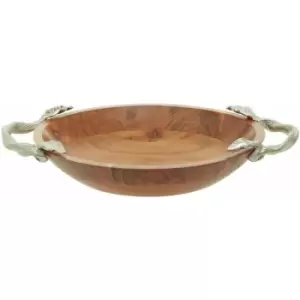 Image of Interiors By Ph Round Serving Dish, Acacia Wood, Aluminium Leaf Handles