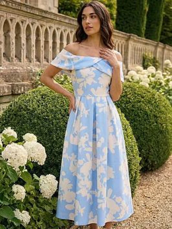 Image of Roman Womens Floral Bardot Premium Stretch Midi Dress in Light Blue Size: 16 Light Blue Female 16