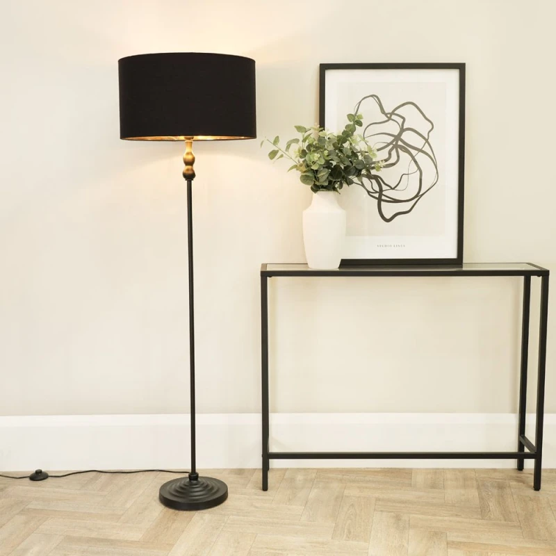 Image of ValueLights Maggie Black Candlestick Floor Lamp with Black and Metallic Gold Shade and Bulb Black