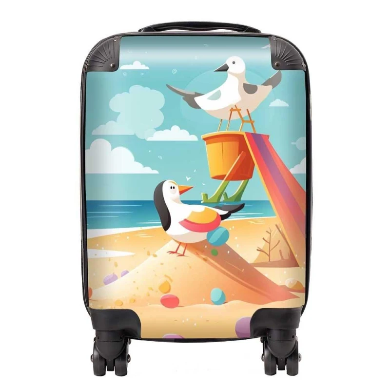 Image of Warren Reed - Designer Seagulls On A Beach Holiday Suitcase in Yellow Size: Cabin Yellow Unisex Cabin