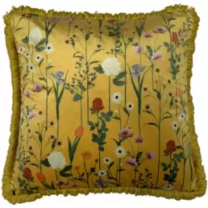 Image of Furn - Fleura Botanical Print Fringed Velvet Cushion Cover, Ochre, 50 x 50 Cm