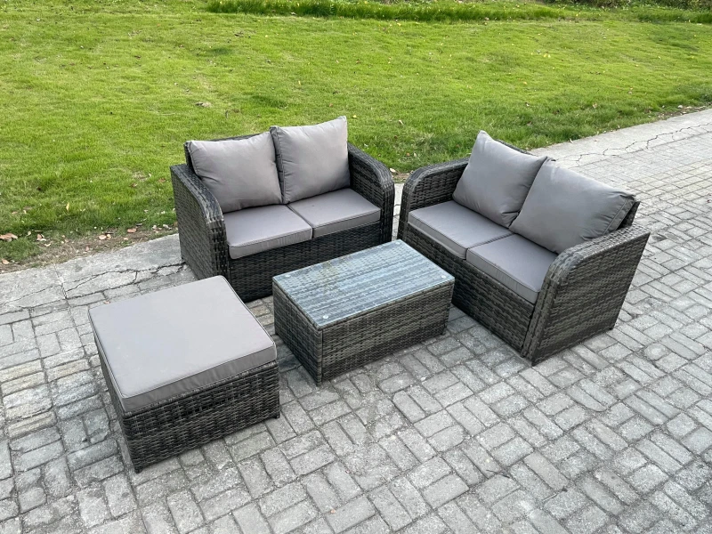 Image of Fimous Outdoor Lounge Sofa Set Rattan Garden Furniture Set with Rectangular Coffee Table Big Footstool Dark Grey Mixed Dark Grey unisex
