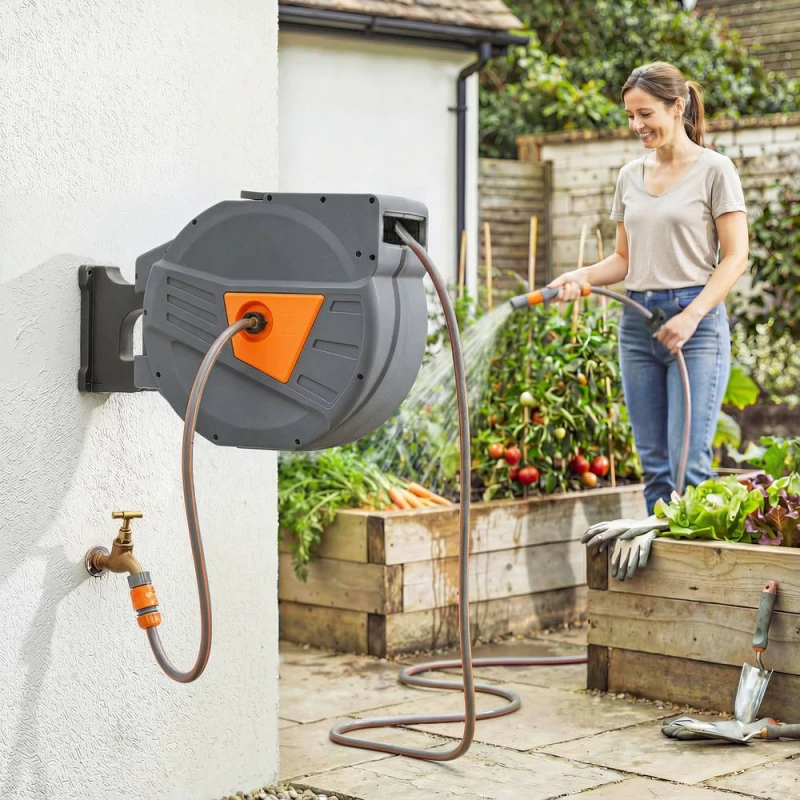 Image of OUTSUNNY Retractable Hose Reel Wall Mounted, 40+2m Hose Pipe Reel in Grey Grey Unisex