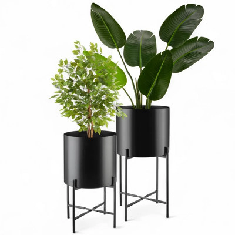 Image of Tectake Plant Stands Kalmar, Set Of 2 Decorative Plant Pots In Black Steel 31 X 56cm - Black