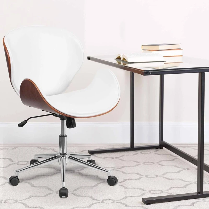 Image of FWStyle Walnut Effect White Faux Leather Executive Office Swivel Chair White Unisex