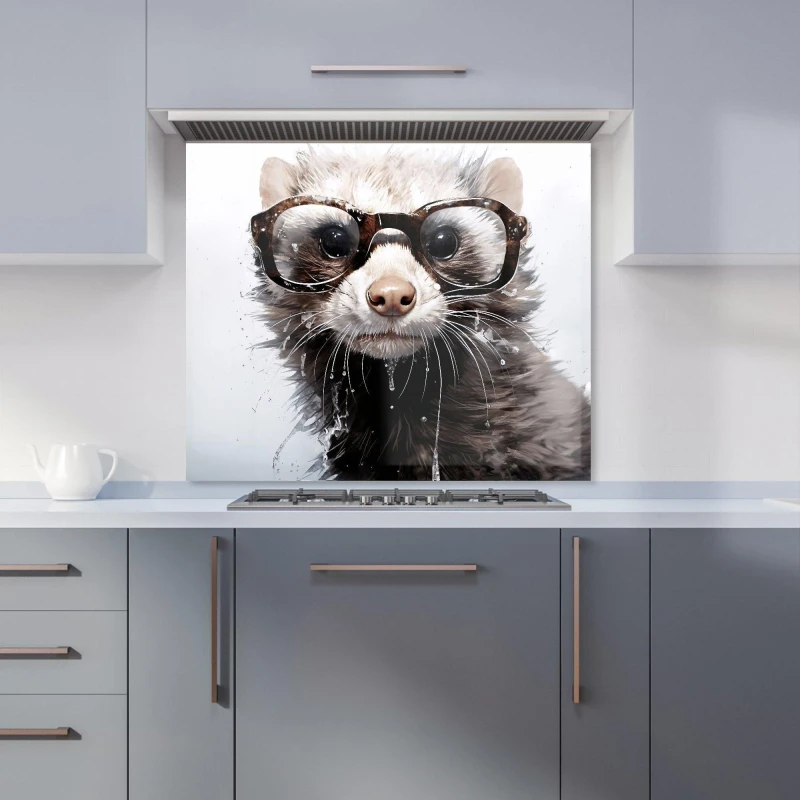 Image of Warren Reed - Designer Splashart Ferret With Glasses Kitchen Splashback in Grey Size: 600mm x 750mm Grey Unisex 600mm x 750mm