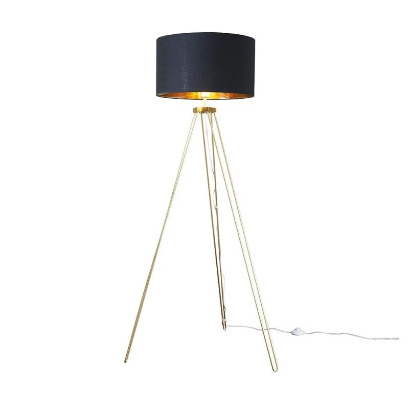 Image of ValueLights Aero Gold Metal Tripod Floor Lamp With Large Black And Gold Shade And Warm White Bulb Gold