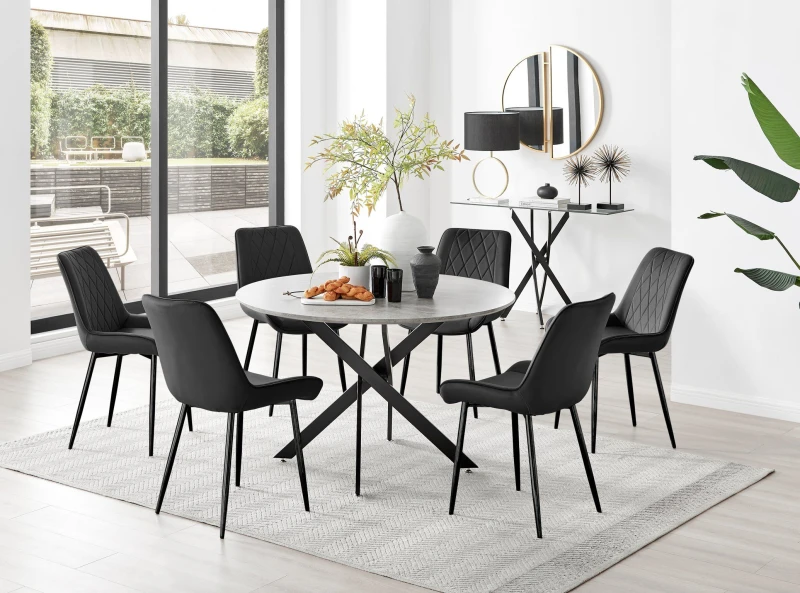 Image of FurnitureboxUK FurnitureboxUK Novara Grey Concrete Effect Black Leg 120cm Round Dining Table & 6 Pesaro Black Leg Chairs Black One Size Unisex 5056657