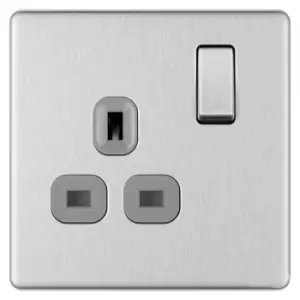 Image of Bg Brushed Steel 13A 1 Gang Double Pole Switched Socket Grey Surround - Screwless Flatplate - 286902