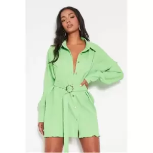 Image of I Saw It First Green Woven Crinkle Tie Waist Shirt Dress - Green