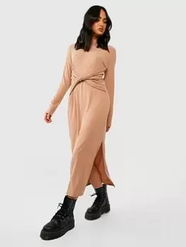 Image of Boohoo Soft Rib Twist Oversized Jumper Dress - Beige, Stone, Size 8, Women