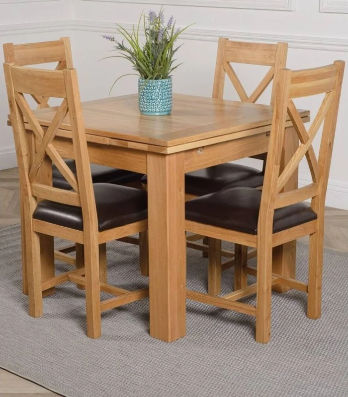 Image of Thats Furniture Richmond 90-150cm Oak Extending Dining Table & 4 Berkeley Leather Chairs in Brown Brown Unisex
