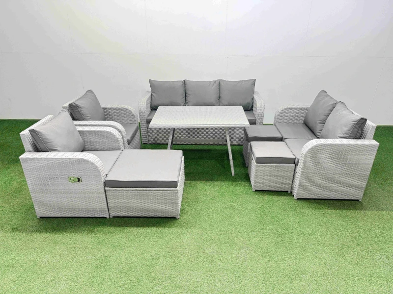 Image of Fimous Outdoor Rectangular Table Sofa Set with Reclining Chair 3 Stool in Light Grey Light Grey Unisex