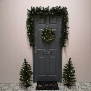 Image of Set of 4 Green Pre Lit Warm White Christmas Outdoor Rovinj Pine Door Set Tree Wreath Garland