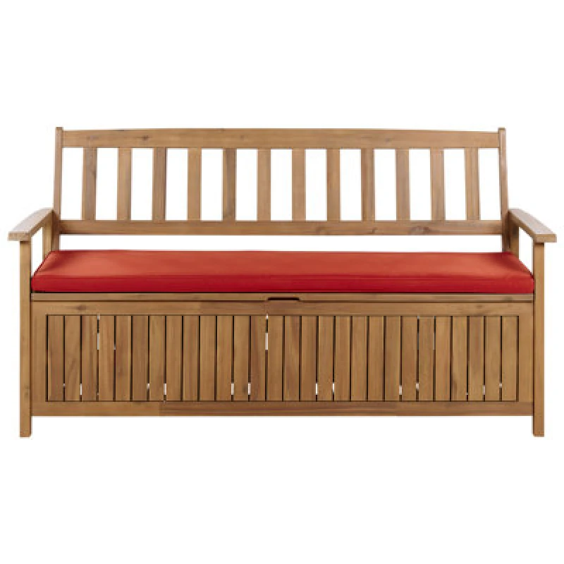 Image of Beliani Garden Bench With Cushion Sovana 160 Cm With Storage Acacia Wood Red
