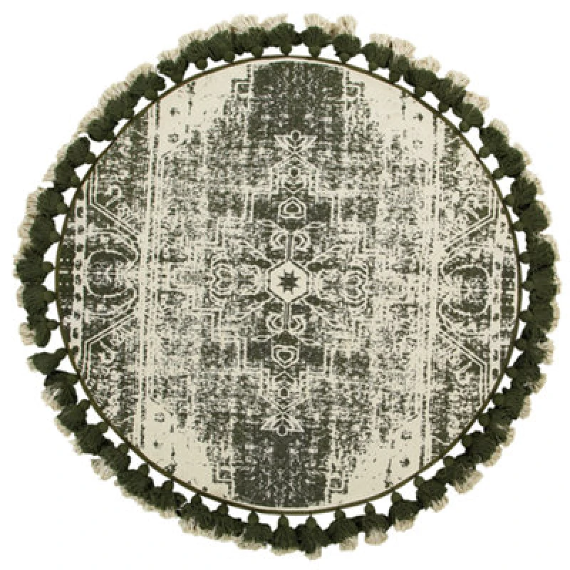 Image of Beliani Round Cotton Area Rug With Tassels 120 Cm Cream And Green Kahta