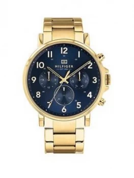 Image of Tommy Hilfiger Daniel Blue and Gold Detail Chronograph Dial Gold Stainless Steel Bracelet Mens Watch, One Colour, Men