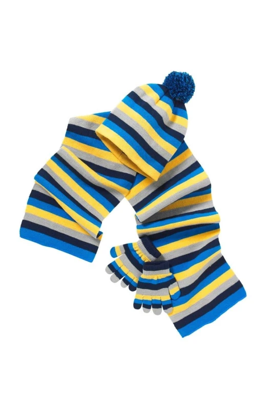 Image of Hats Hats Hats Striped Bobble Hat, Scarf & Glove Set Mid Blue male