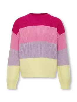 Image of Only Kids Girls Sandy Colour Block Knitted Jumper - Fuchsia Purple, Pink, Size Age: 9-10 Years, Women