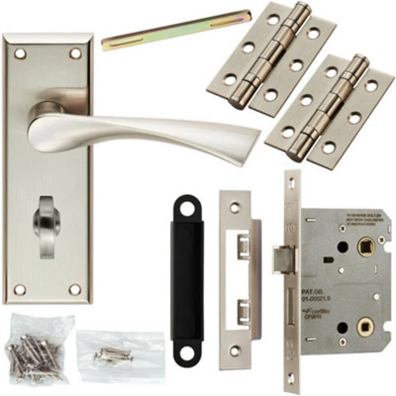 Image of Loops Door Handle & Bathroom Lock Pack Satin Nickel Modern Angled Lever Backplate Metallics