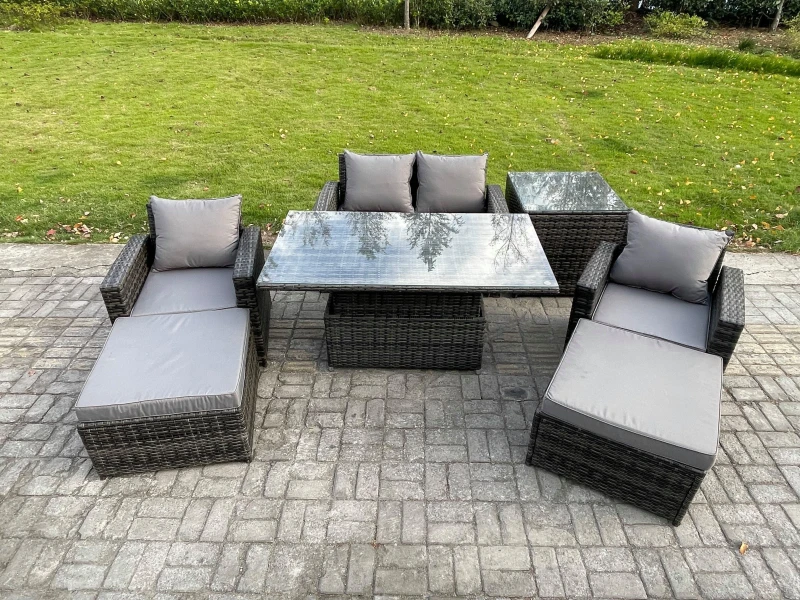 Image of Fimous High Back Rattan Garden Furniture Sofa Sets with Height Adjustable Rising Lifting Table Side Table 2 Big Footstool in Dark Grey Dark Grey Unise