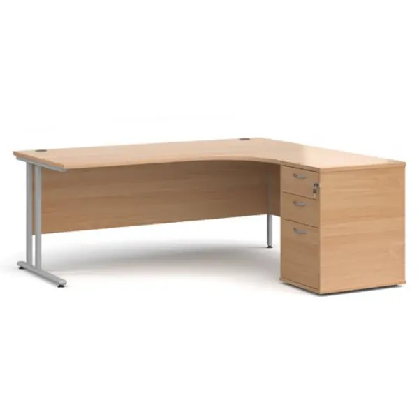 Image of Office Desk Right Hand Corner Desk 1800mm With Pedestal Beech Top With Silver Frame Maestro 25