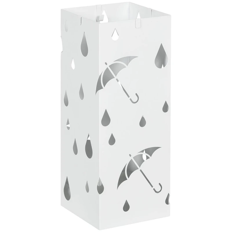 Image of HOMCOM Metal Umbrella Stand Square Umbrella Basket With 4 Hooks Drip Tray White 837-442V00WT