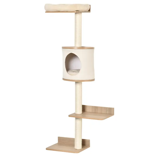 Image of PawHut Cat Tree for Indoor Cats Wall-Mounted Cat Shelf Shelter Kitten Perch Climber Furniture w/ Condo Bed Scratching Post - Beige