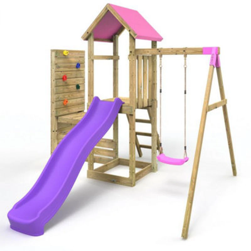 Image of Rebo Wooden Climbing Frame with Swing, Vertical Climbing Wall and Slide - Rushmore Pink Pink