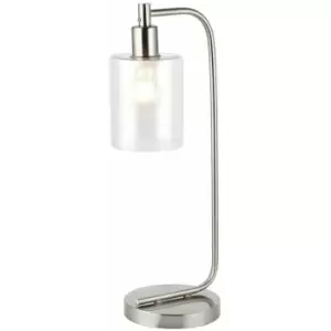 Image of Modern Curved Arm Table Lamp Brushed Nickel & Clear Glass Shade Bedside Light