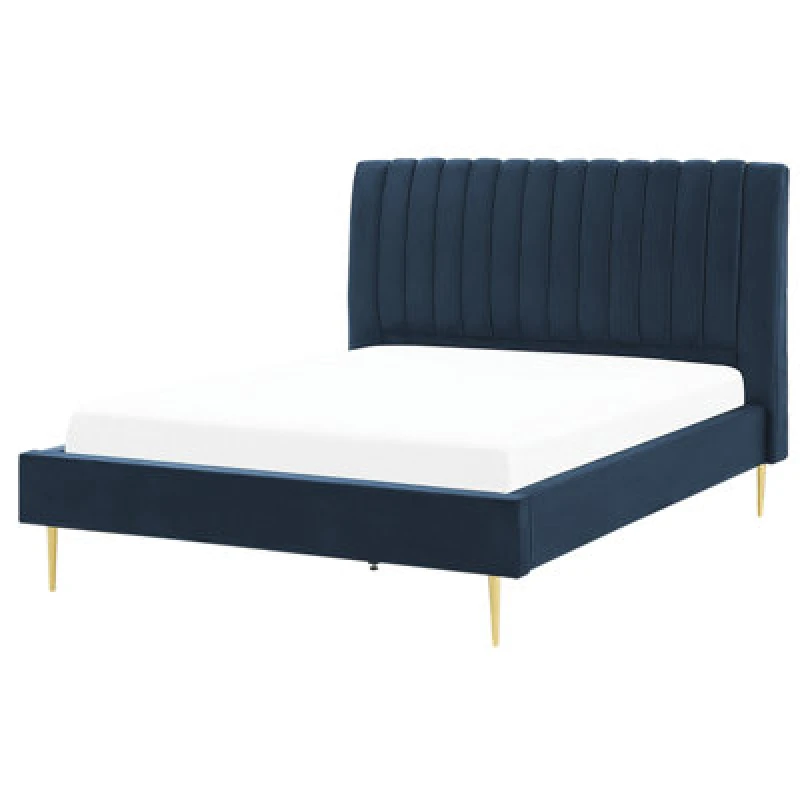 Image of Beliani Bed Velvet Marville 140 X 200 Cm (Eu Double) Dark Blue