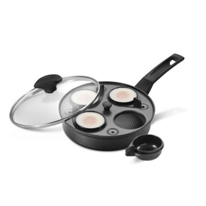 Image of Prestige Egg Poacher in Aluminium Non Stick Frying Pan with Glass Lid - 20cm Black