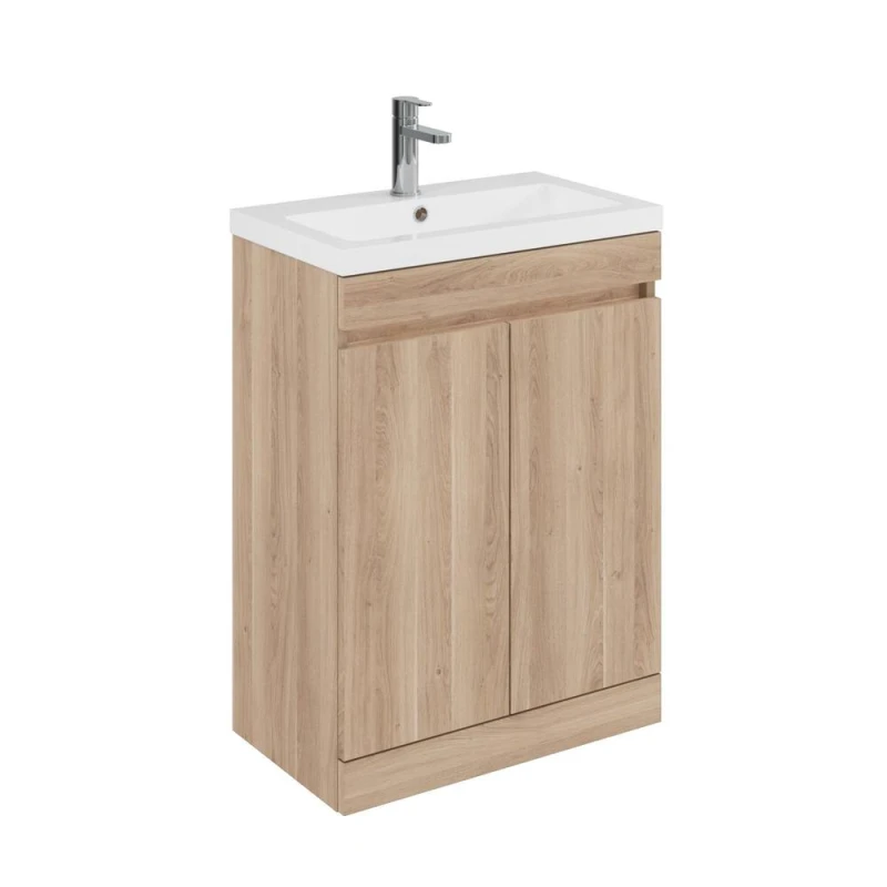 Image of Balterley 600mm Floor Standing 2 Door Unit with Polymarble Basin - Light Oak in Brown Brown Unisex