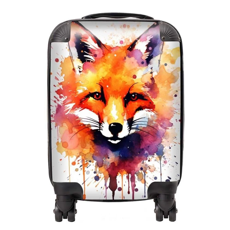 Image of Warren Reed - Designer Watercolour Splashart Fox Face Suitcase in Orange Size: Cabin Orange Unisex Cabin