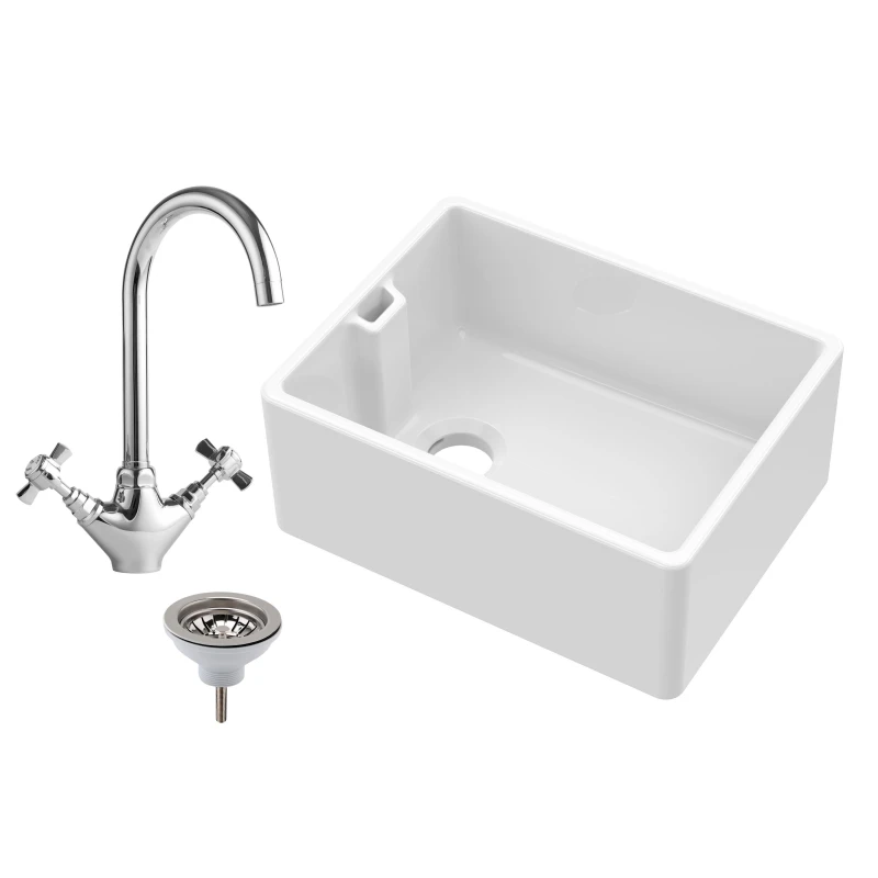 Image of Balterley Single Bowl Fireclay Belfast Sink Basket Strainer Waste Tap 595mm White