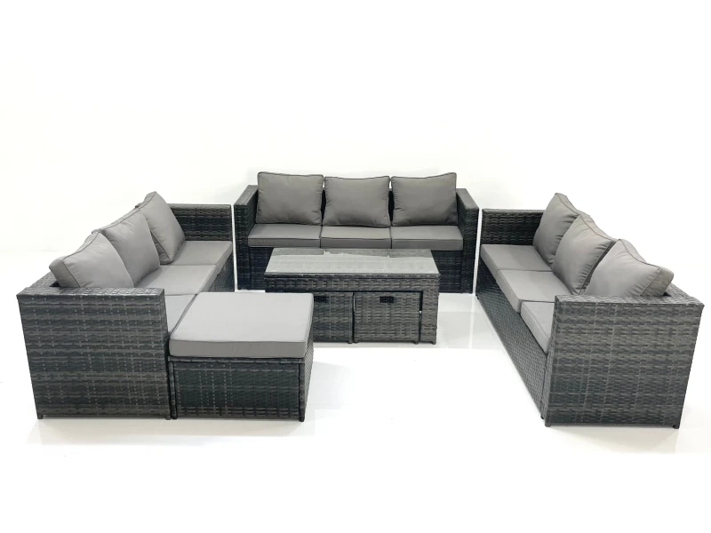 Image of Fimous Outdoor Garden Furniture Set 7 Pieces Rattan Sofa Set with Coffee Table 3 Footstools Dark Grey Mixed Dark Grey