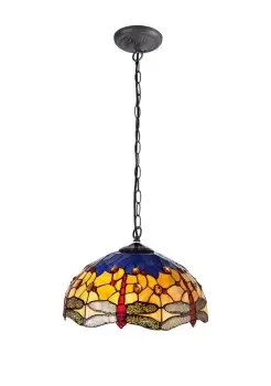 Image of 1 Light Downlighter Ceiling Pendant E27 With 40cm Tiffany Shade, Blue, Orange, Crystal, Aged Antique Brass